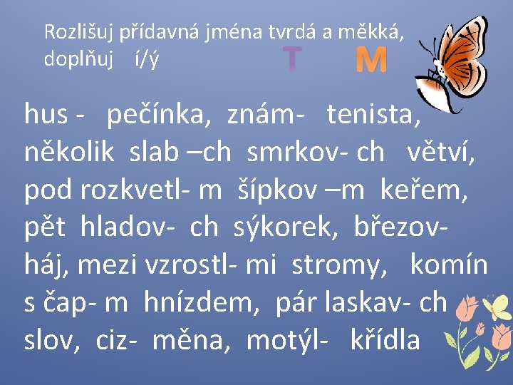 Rozlišuj přídavná jména tvrdá a měkká, doplňuj í/ý T M hus - pečínka, znám-