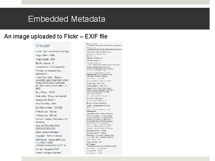 Embedded Metadata An image uploaded to Flickr – EXIF file Embedded Metadata An image uploaded to Flickr – EXIF file