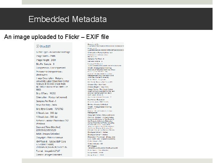 Embedded Metadata An image uploaded to Flickr – EXIF file 