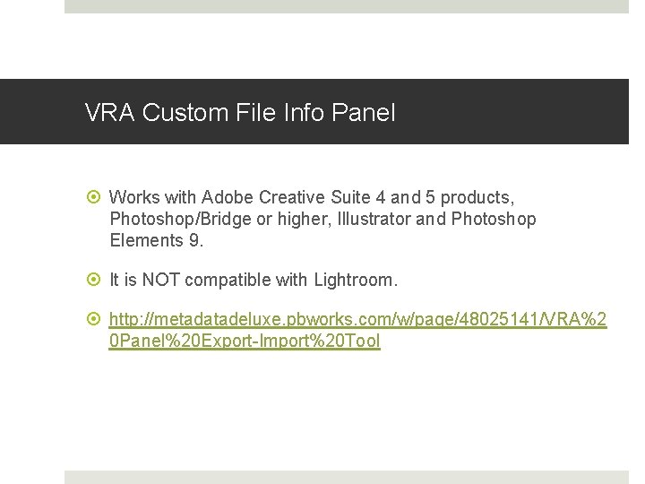 VRA Custom File Info Panel Works with Adobe Creative Suite 4 and 5 products,