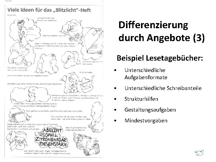 Differenzierung durch Angebote (3) Beispiel Lesetagebücher: • Unterschiedliche Aufgabenformate • Unterschiedliche Schreibanteile • Strukturhilfen