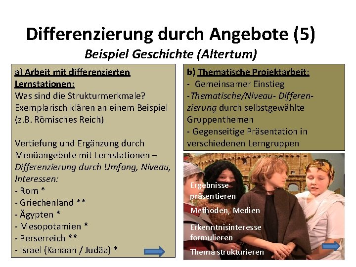 Differenzierung durch Angebote (5) Beispiel Geschichte (Altertum) a) Arbeit mit differenzierten Lernstationen: Was sind