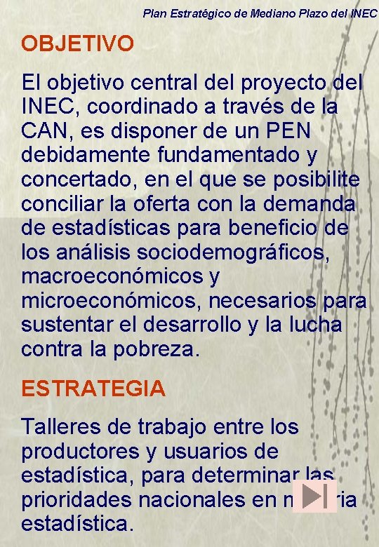 Plan Estratégico de Mediano Plazo del INEC OBJETIVO El objetivo central del proyecto del