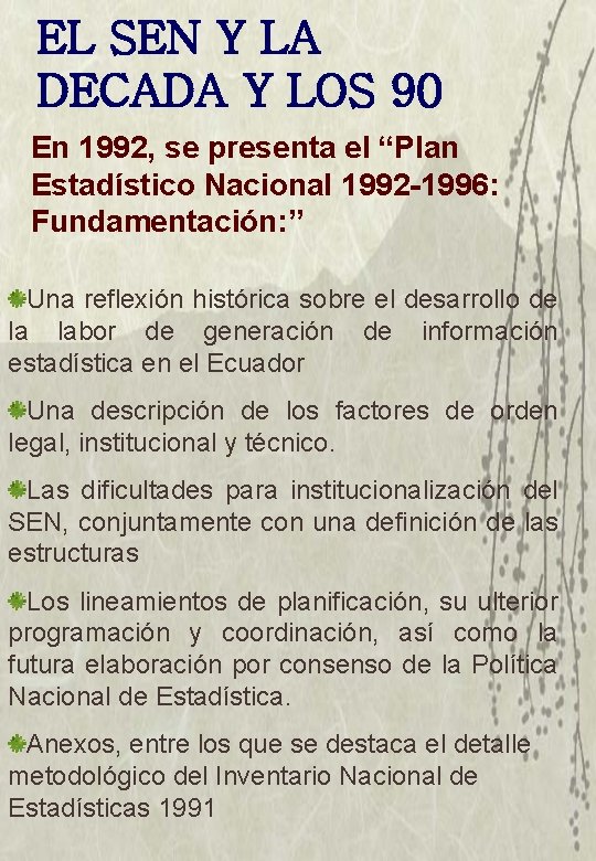 EL SEN Y LA DECADA Y LOS 90 En 1992, se presenta el “Plan