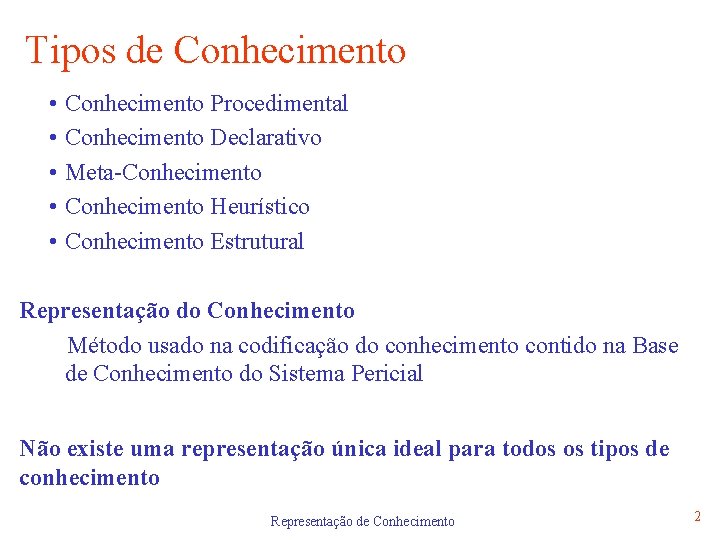 Tipos de Conhecimento • Conhecimento Procedimental • Conhecimento Declarativo • Meta-Conhecimento • Conhecimento Heurístico