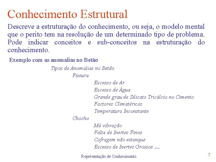 Conhecimento Estrutural Descreve a estruturação do conhecimento, ou seja, o modelo mental que o