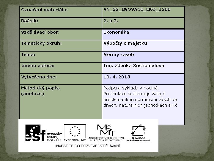 Označení materiálu: VY_32_INOVACE_EKO_1288 Ročník: 2. a 3. Vzdělávací obor: Ekonomika Tematický okruh: Výpočty o