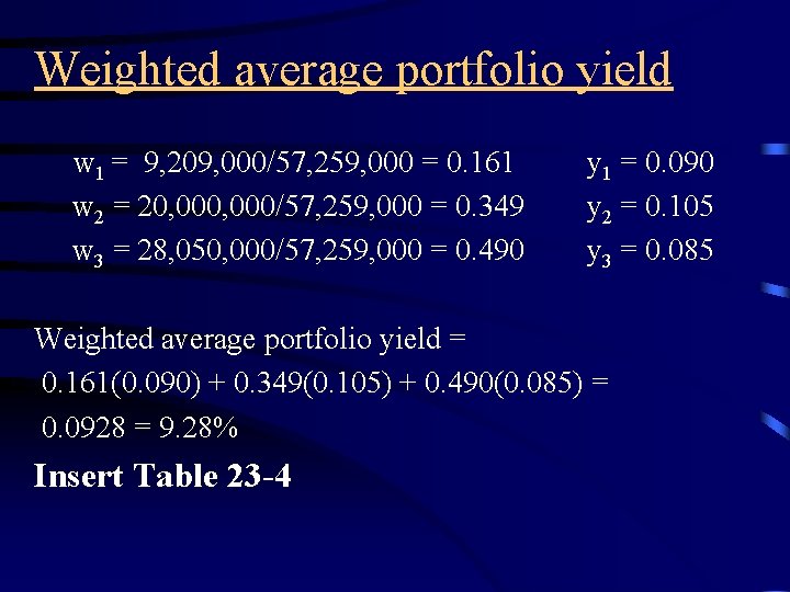 Weighted average portfolio yield w 1 = 9, 209, 000/57, 259, 000 = 0.