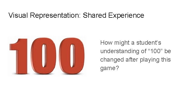 Visual Representation: Shared Experience How might a student’s understanding of “ 100” be changed Visual Representation: Shared Experience How might a student’s understanding of “ 100” be changed