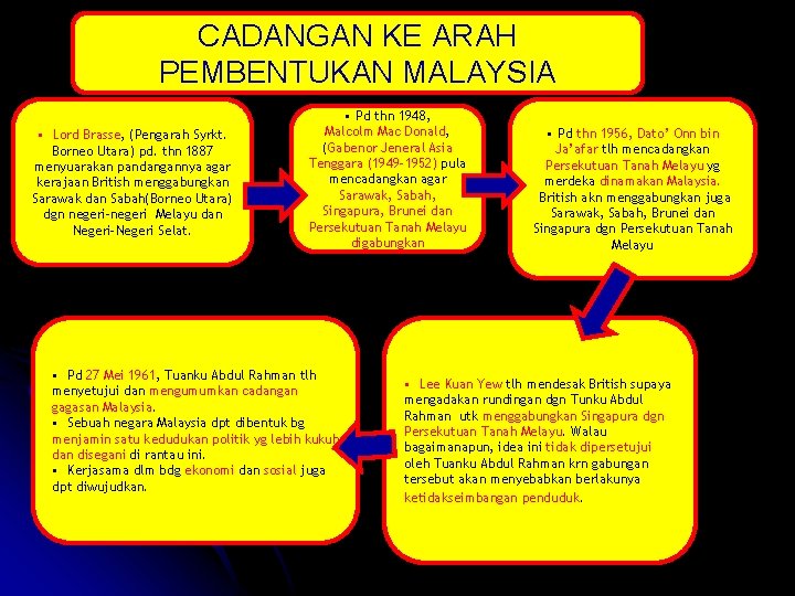 CADANGAN KE ARAH PEMBENTUKAN MALAYSIA • Lord Brasse, (Pengarah Syrkt. Borneo Utara) pd. thn