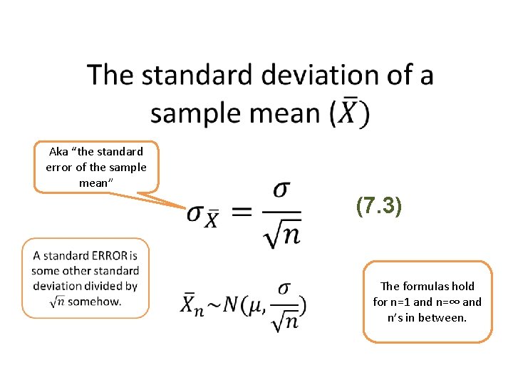  Aka “the standard error of the sample mean” (7. 3) The formulas hold