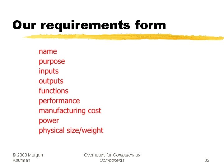 Our requirements form © 2000 Morgan Kaufman Overheads for Computers as Components 32 