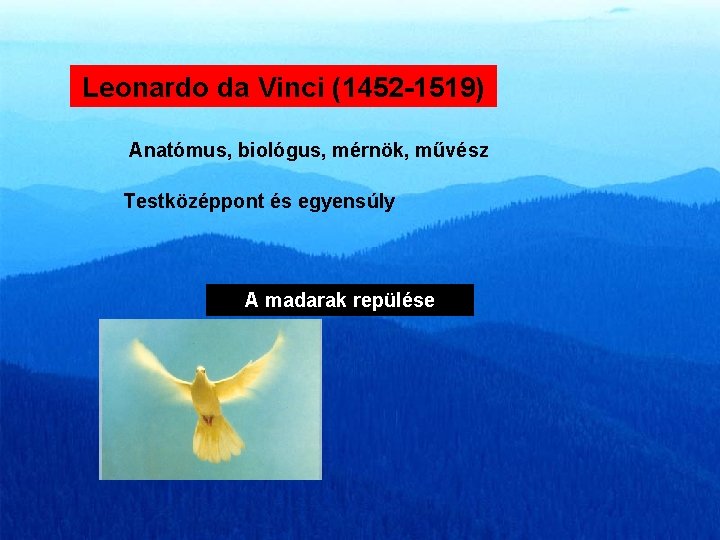 Leonardo da Vinci (1452 -1519) Anatómus, biológus, mérnök, művész Testközéppont és egyensúly A madarak