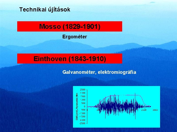 Technikai újítások Mosso (1829 -1901) Ergométer Einthoven (1843 -1910) Galvanométer, elektromiográfia 