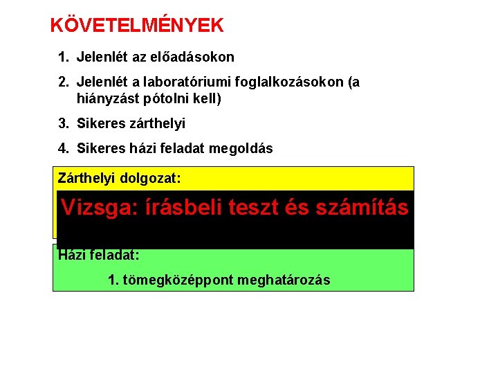 KÖVETELMÉNYEK 1. Jelenlét az előadásokon 2. Jelenlét a laboratóriumi foglalkozásokon (a hiányzást pótolni kell)