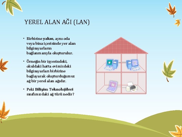 YEREL ALAN AĞI (LAN) • Birbirine yakın, aynı oda veya bina içerisinde yer alan