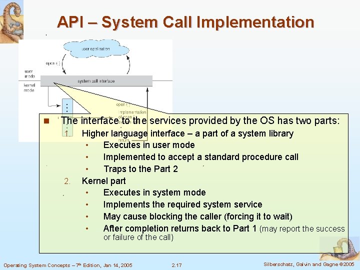 API – System Call Implementation n The interface to the services provided by the