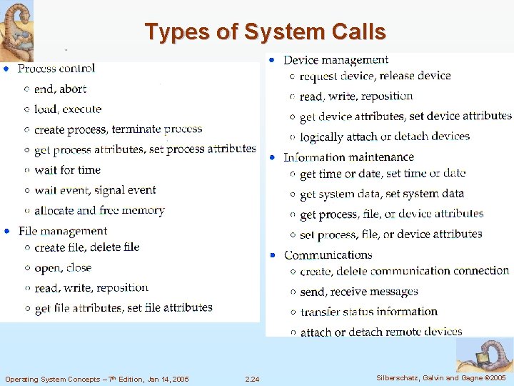 Types of System Calls n Process control n File management n Device management n