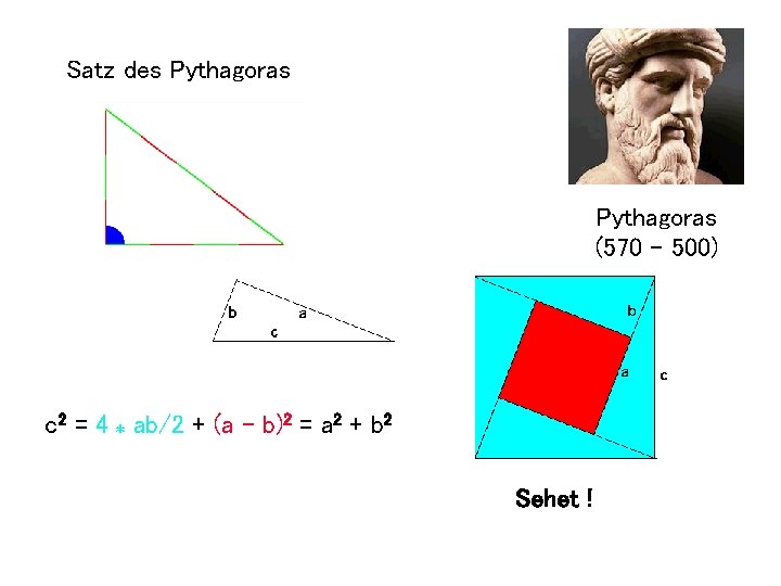 Satz des Pythagoras (570 - 500) c 2 = 4 * ab/2 + (a