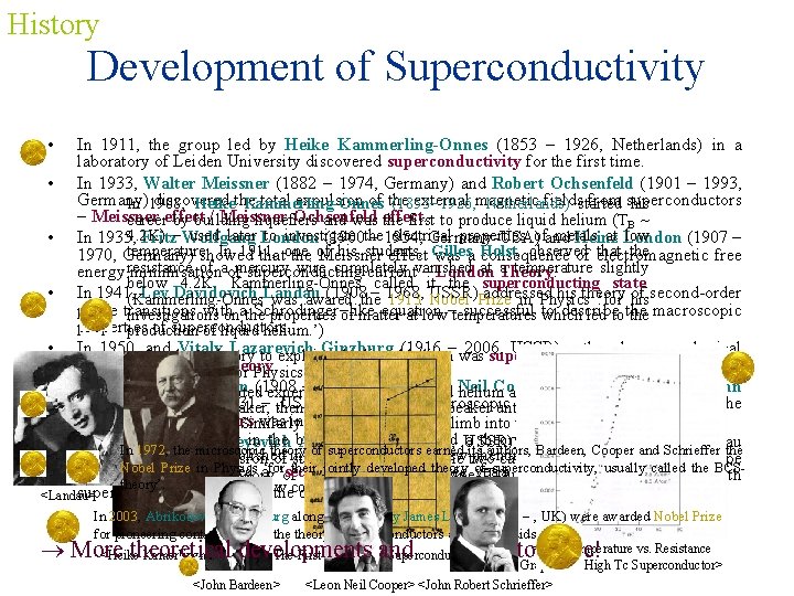 History Development of Superconductivity In 1911, the group led by Heike Kammerling-Onnes (1853 1926,