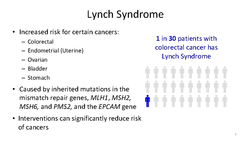 Lynch Syndrome • Increased risk for certain cancers: – – – Colorectal Endometrial (Uterine)