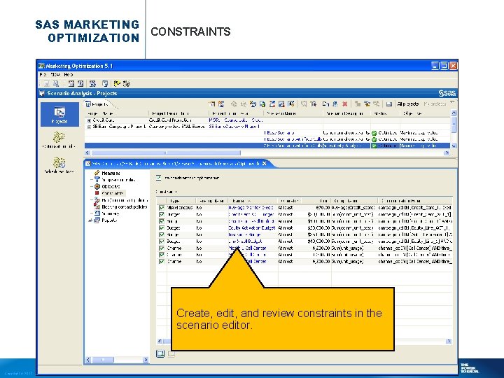 SAS MARKETING CONSTRAINTS OPTIMIZATION Create, edit, and review constraints in the scenario editor. Copyright