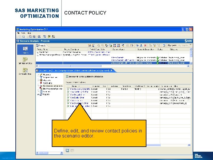 SAS MARKETING OPTIMIZATION CONTACT POLICY Define, edit, and review contact policies in the scenario