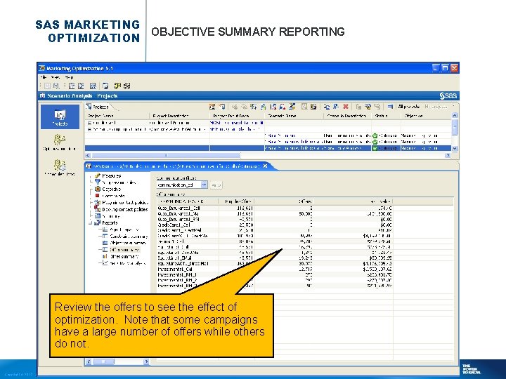 SAS MARKETING OBJECTIVE SUMMARY REPORTING OPTIMIZATION Review the offers to see the effect of