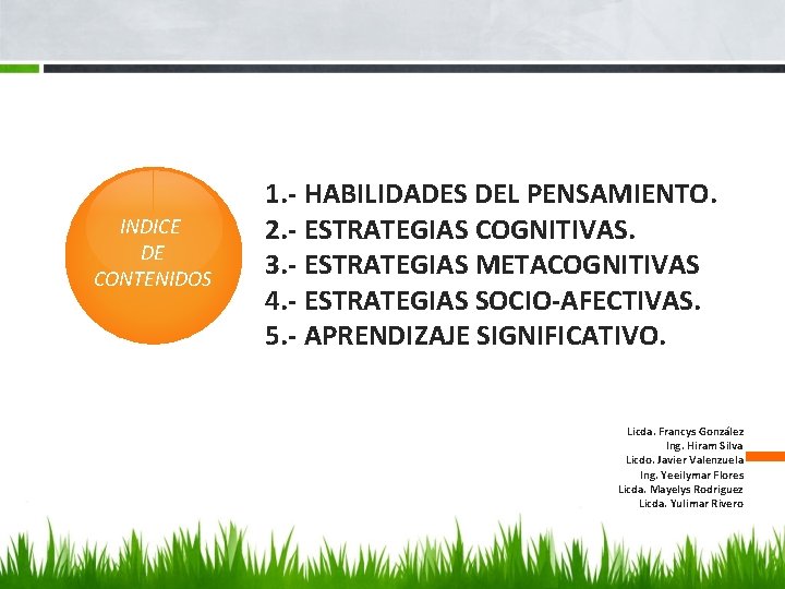 INDICE DE CONTENIDOS 1. - HABILIDADES DEL PENSAMIENTO. 2. - ESTRATEGIAS COGNITIVAS. 3. -
