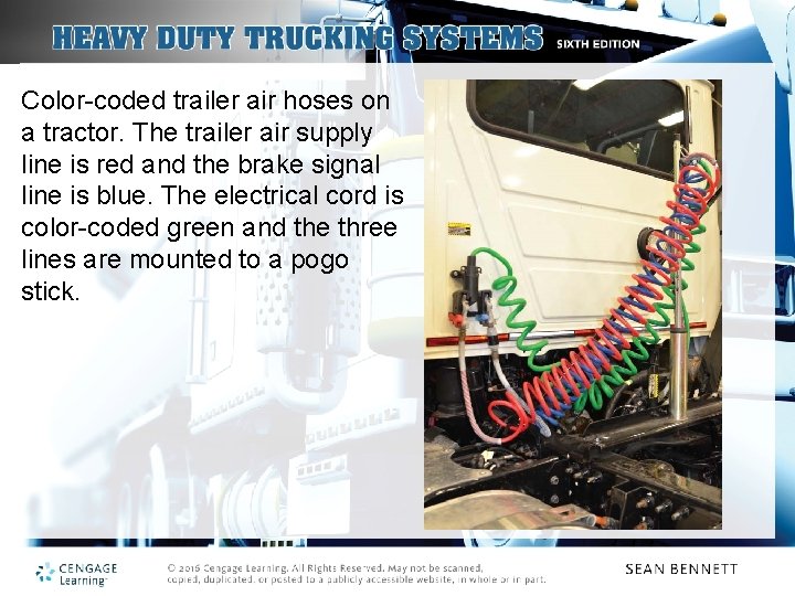 Color-coded trailer air hoses on a tractor. The trailer air supply line is red