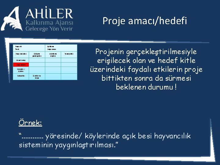 Proje amacı/hedefi Proje adı: Tarih: Proje unsurları Açıklama: Proje süresi: Gelişme göstergeleri Genel Amaç