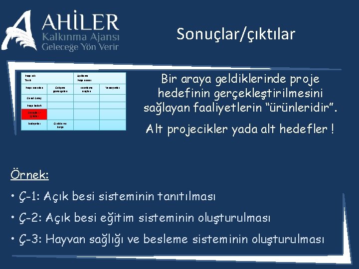 Sonuçlar/çıktılar Proje adı: Tarih: Proje unsurları Açıklama: Proje süresi: Gelişme göstergeleri Genel Amaç Proje