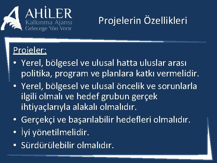 Projelerin Özellikleri Projeler: • Yerel, bölgesel ve ulusal hatta uluslar arası politika, program ve