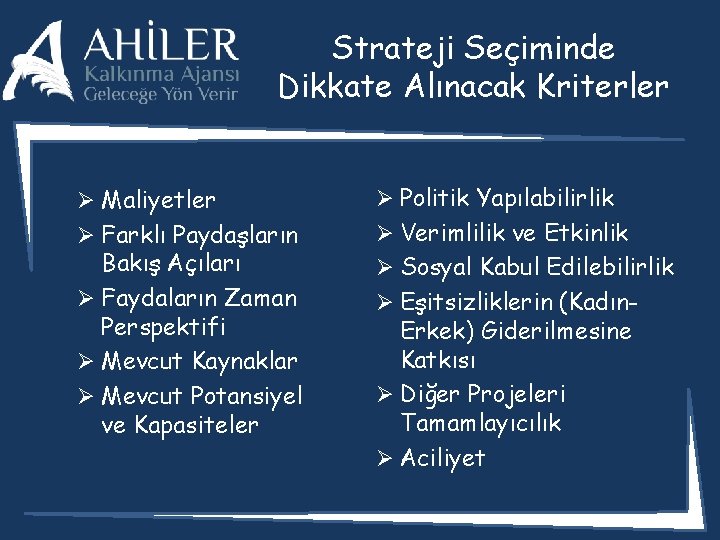 Strateji Seçiminde Dikkate Alınacak Kriterler Ø Maliyetler Ø Farklı Paydaşların Bakış Açıları Ø Faydaların