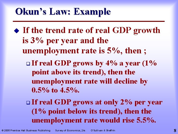 Okun’s Law: Example u If the trend rate of real GDP growth is 3%