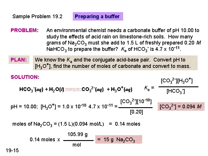 Sample Problem 19. 2 PROBLEM: PLAN: Preparing a buffer An environmental chemist needs a Sample Problem 19. 2 PROBLEM: PLAN: Preparing a buffer An environmental chemist needs a