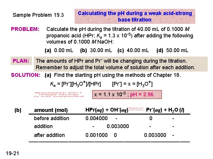 Sample Problem 19. 3 PROBLEM: Calculating the p. H during a weak acid-strong base Sample Problem 19. 3 PROBLEM: Calculating the p. H during a weak acid-strong base