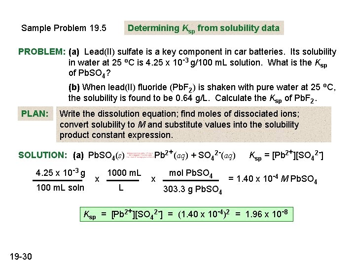 Sample Problem 19. 5 Determining Ksp from solubility data PROBLEM: (a) Lead(II) sulfate is Sample Problem 19. 5 Determining Ksp from solubility data PROBLEM: (a) Lead(II) sulfate is
