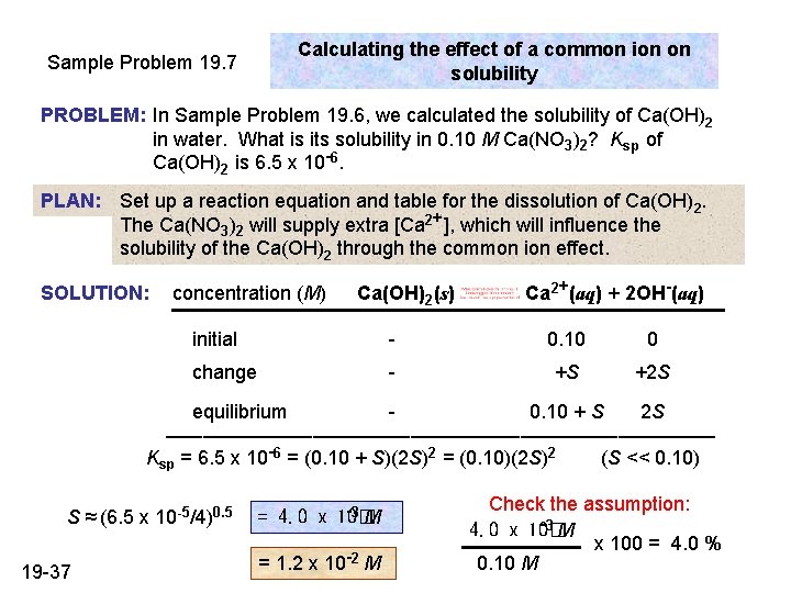 Calculating the effect of a common ion on solubility Sample Problem 19. 7 PROBLEM: Calculating the effect of a common ion on solubility Sample Problem 19. 7 PROBLEM: