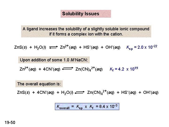 Solubility Issues A ligand increases the solubility of a slightly soluble ionic compound if Solubility Issues A ligand increases the solubility of a slightly soluble ionic compound if