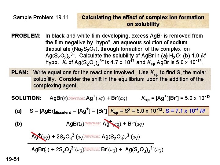 Sample Problem 19. 11 Calculating the effect of complex ion formation on solubility PROBLEM: Sample Problem 19. 11 Calculating the effect of complex ion formation on solubility PROBLEM: