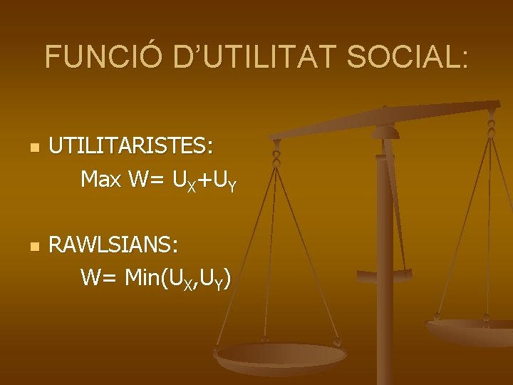 FUNCIÓ D’UTILITAT SOCIAL: n n UTILITARISTES: Max W= UX+UY RAWLSIANS: W= Min(UX, UY) 