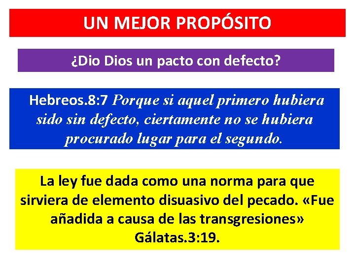 UN MEJOR PROPÓSITO ¿Dio Dios un pacto con defecto? Hebreos. 8: 7 Porque si