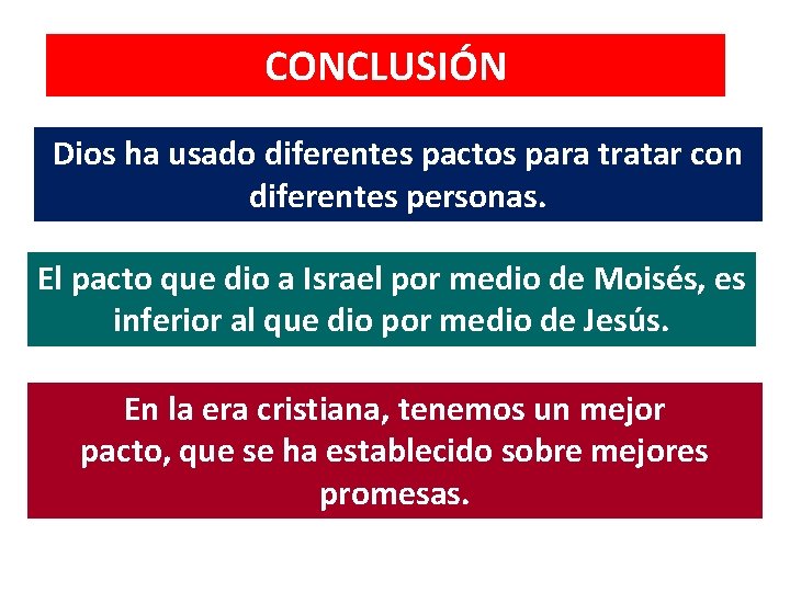 CONCLUSIÓN Dios ha usado diferentes pactos para tratar con diferentes personas. El pacto que