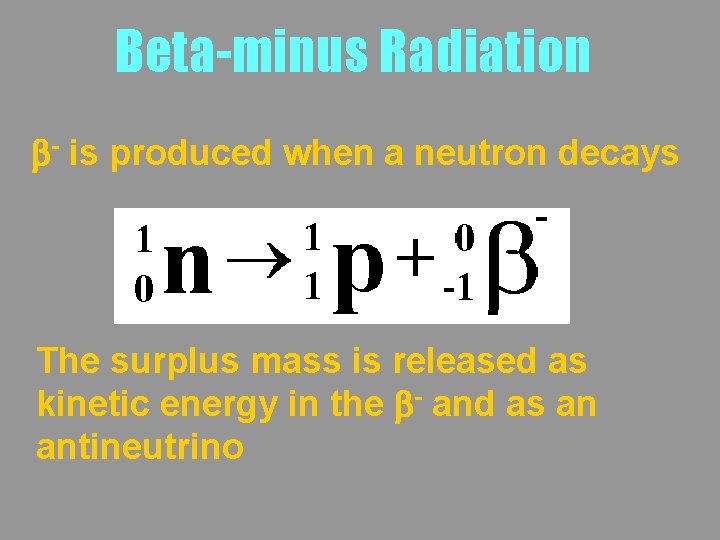 Beta-minus Radiation b- is produced when a neutron decays The surplus mass is released
