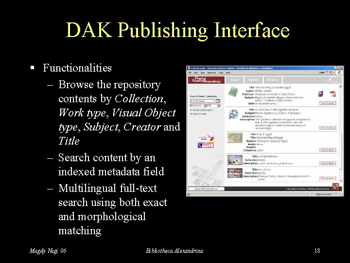 DAK Publishing Interface § Functionalities – Browse the repository contents by Collection, Work type,