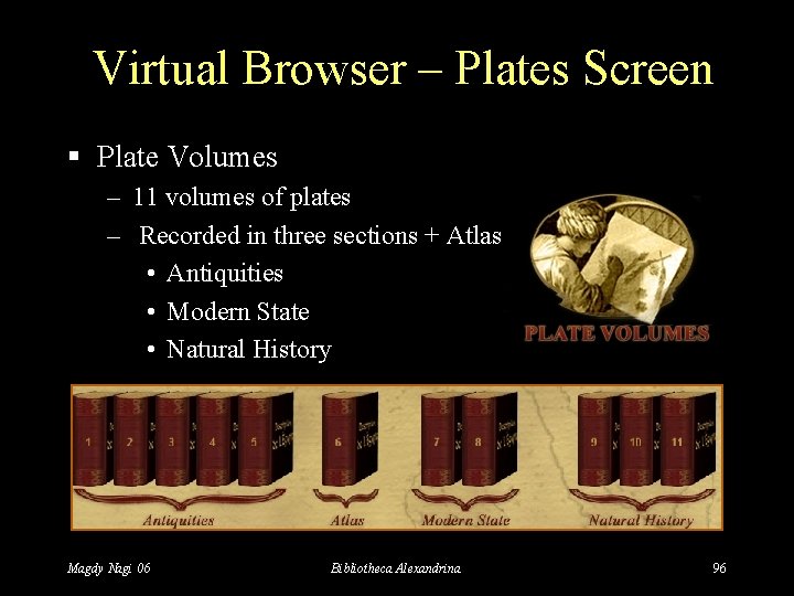Virtual Browser – Plates Screen § Plate Volumes – 11 volumes of plates –