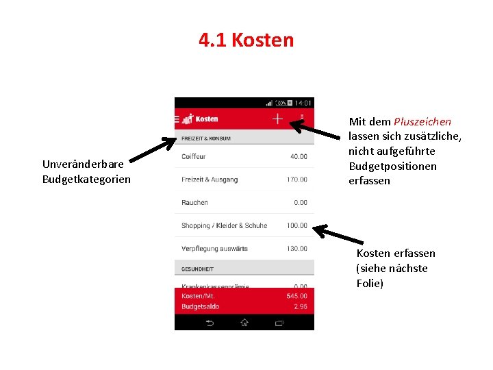 4. 1 Kosten Unveränderbare Budgetkategorien Mit dem Pluszeichen lassen sich zusätzliche, nicht aufgeführte Budgetpositionen