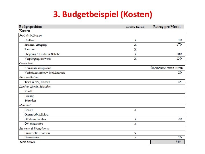 3. Budgetbeispiel (Kosten) 