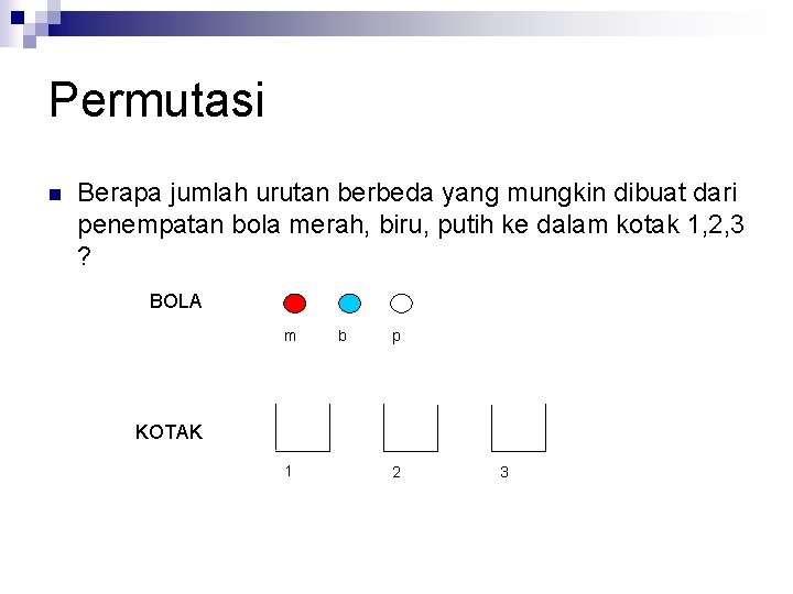 Permutasi n Berapa jumlah urutan berbeda yang mungkin dibuat dari penempatan bola merah, biru,